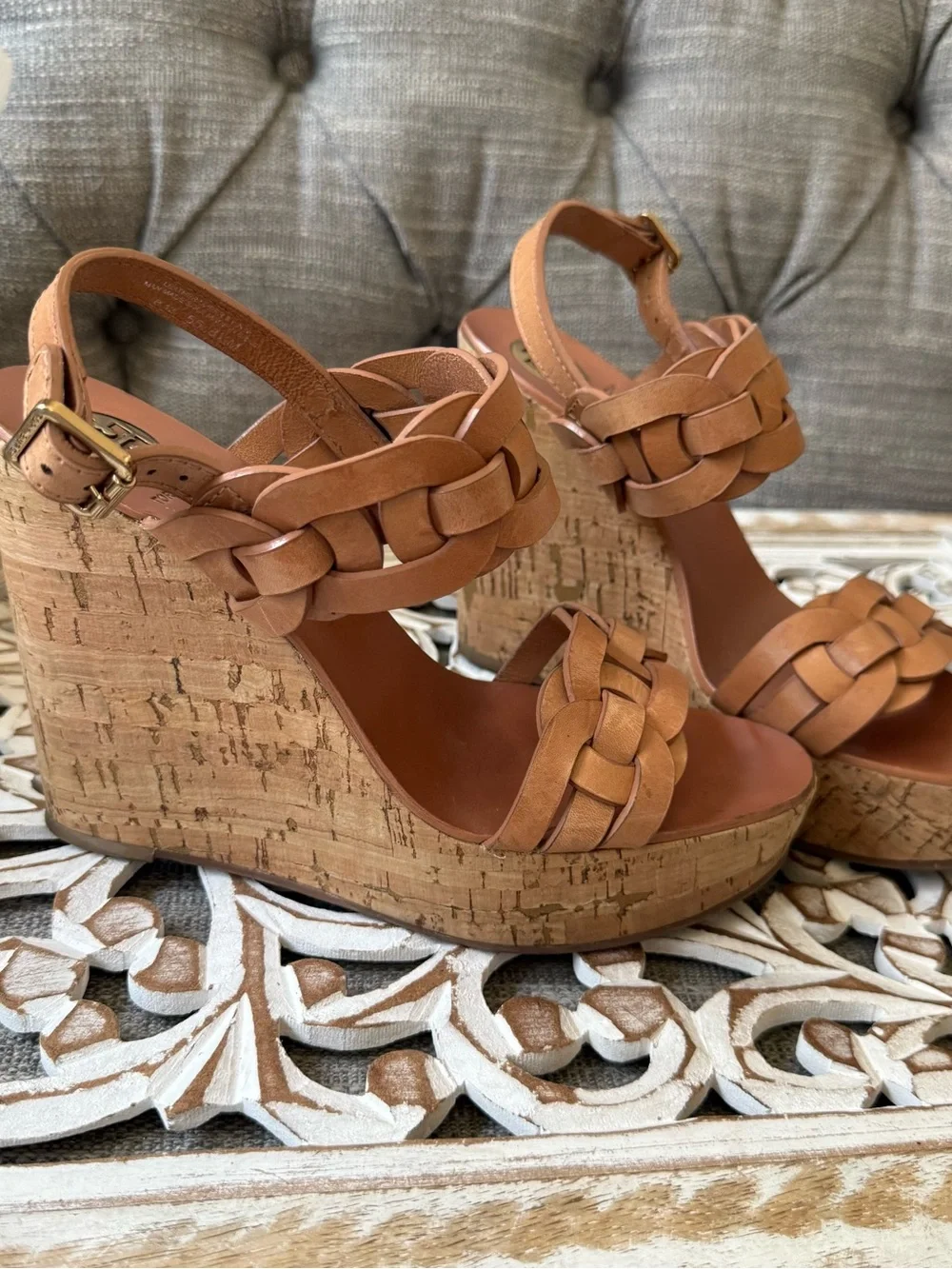 Tory Burch Tan Woven Leather Cork Wedge Sandals Shoes Women’s 8.5